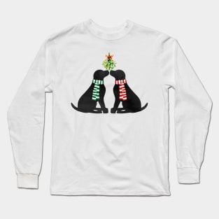 Christmas Black Labrador Dogs Kissing Mistletoe Long Sleeve T-Shirt